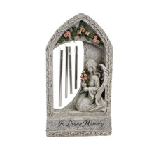Biblegifts 24cm Grave Angel Windchimes In Loving Memory Stone Look Resin Ornament with Pink Roses Boxed Gift