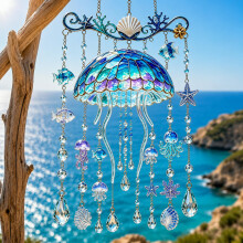 Ocean-Themed Crystal Wind Chime -Sparkling Ocean Escape to Your Garden,Stained Acrylic Sea Turtle Whale Dolphin Hanging Suncatcher with Prism Drops,Wi