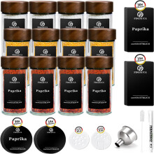 SIAZIH Gewürzglas-Set, 12 Stück, 100-ml-Glas mit Rosenholzdeckeln, wasserdichte Etiketten für die Küche