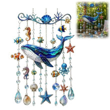 Ocean-themed Crystal Wind Chime, Stained Acrylic Sea Turtle Whale Dolphin Hanging Suncatcher with Prism Drops, Coastal Beach Glow Animal House Outdoor