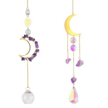 Healing Crystal Natural Amethyst Crushed Stone Hollowed Out Moon with Octagonal Crystal Ball and Gold Moon Amethyst Gravel Pendant Sun Catcher Wind Ch