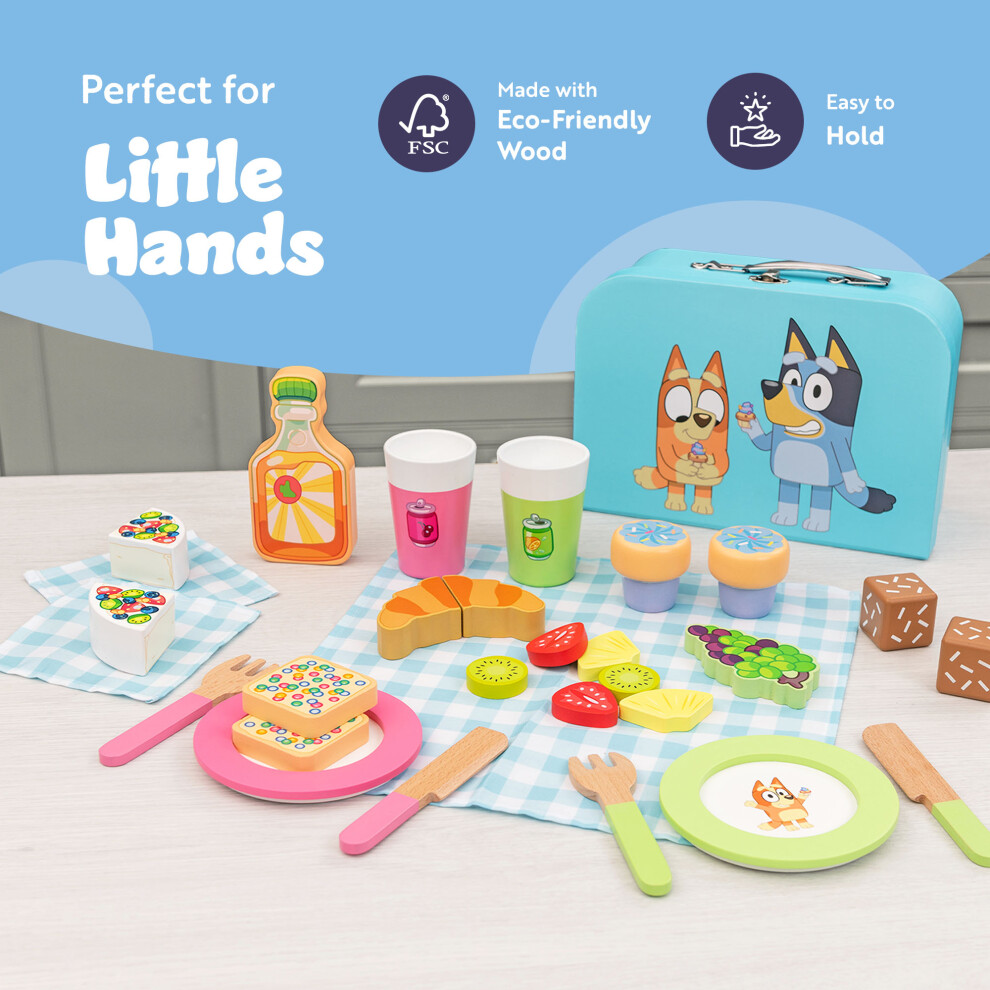 Bluey - Picnic Basket Set - 30 Piece Wooden Roleplay Toy With Carry Case Cutlery & Pretend Food Accessories For Kids - Fsc-Certified Material - Fun I
