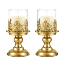 Vintage Pillar Candle Holders Set of 2 with Glass Hurricane, Metal Candlesticks
