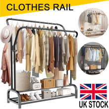 Metal Clothes Rail Clothing Hanging Garment Rack Double Rail Storage Shelf Shoes
