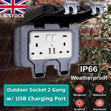 IP66 Weatherproof Outdoor Sockets 13A 2 Gang Plug w/ USB Charging Port Cover UK