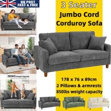 3 Seater Corduroy Sofa Jumbo Cord Couch Love Seat Settee 178x76x89cm Green Gray