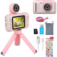 Kids Camera with Tripod and 180 Degree Rotating Lens, 40MP Photo and 720P HD Video with 2.4 Inch IPS Screen for Kids Age 3 to 10 in Pink