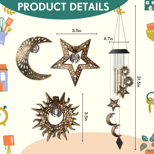 Colingmill Solar Wind Chimes for Outside,Sun Moon Star,Warm Lights 1