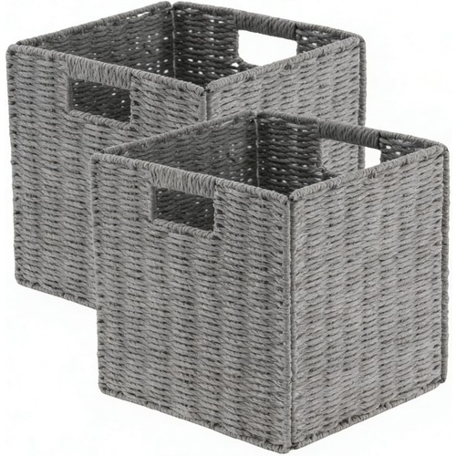2-Pack Faux Wicker Storage Baskets with Handles Foldable Organizer Bins UK 1