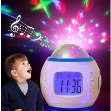 Réveil musical à LED avec projection d'étoiles, calendrier, thermomètre et fonction snooze.