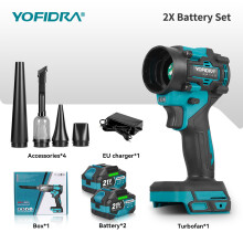 YOFIDRA 2-in-1 bürstenloser Turbo-Gebläseventilator und Staubsauger, 80000 U/min, 1200W, für Makita 21V Akku, 2x Akku-Set