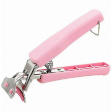Pinza antiescaldaduras para placas calientes, acero inoxidable, mango con resorte, color rosa.