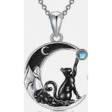 Collar con colgante de gato gótico en plata de ley negra, luna creciente con circonita cúbica, para mujeres y niñas, regalo, 45+5 cm