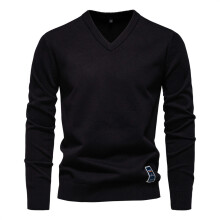 (Black,S)Maglione minimalista cotone scollo a V per giovane uomo stagione autunnale con colore tinta unita