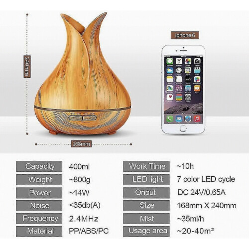 400ml Ultrasonic Aromatherapy Diffuser, Wood Grain Cool Mist Humidifier, Large Capacity 2