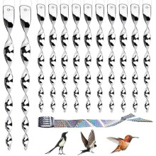 (Silver, 12) Wadafen 12 Pack Reflective Bird Scare Wind Spiral with Flutter Tape, Woodpecker Deterrent for Balcony Garden, Silver