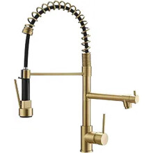 Double Spout Kitchen Sink Faucet with Pull Down Sprayer, Brushed Gold Finish, Easy to Use and Store, Great Value for Everyday Use, Easy to Use