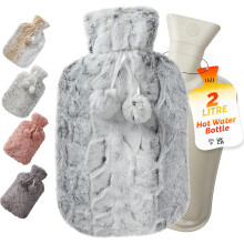 Hot Water Bottle With Cover UK 2L With Faux Fur Pom Poms For Period Pain Relief Leak Resistant BPA Free Hot Bottle
