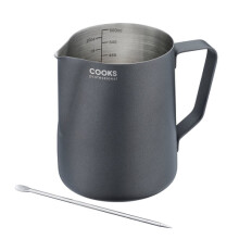 (600ml, Black) Cooks Professional Stainless Steel 350ml Milk Steaming Jug with Latte Art Pen
