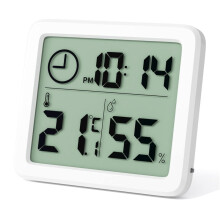 Mini Digital Indoor Thermometer with Large Screen Hygrometer and Clock, Accurate White Temperature Humidity Meter for Baby Room and Greenhouse