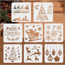 Christmas Painting Stencils 8-Piece Set, Reusable Holiday Templates with Christmas Tree, Reindeer & Snowflake Designs for DIY Crafts & Decor