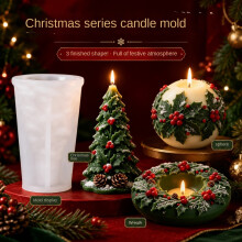 (3) Christmas Holly Embossed Candle Mold for DIY Christmas Tree Candle Making, Silicone Resin Mold, Holiday Home Decor Craft Supplies