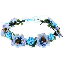 (Blue) Women's Bohemian Rose Flower Wreath Adjustable Ribbon Bridesmaid Crown Wedding Party Floral Headpiece