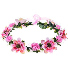 (Pink) Women's Bohemian Rose Flower Wreath Adjustable Ribbon Bridesmaid Crown Wedding Party Floral Headpiece