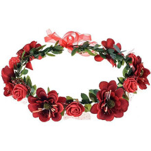 (Red) Women's Bohemian Rose Flower Wreath Adjustable Ribbon Bridesmaid Crown Wedding Party Floral Headpiece