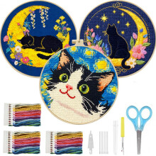 (6) Small Night Cat Cross Stitch Kit for Beginners, Easy DIY Embroidery Set with Patterns