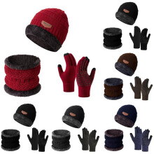 (Shangqing-c) Winter Cycling Warm Set 3 Pieces Anti-Slip Touchscreen Fleece Lined Hat Scarf Gloves Unisex Black