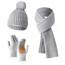 (without leather A - beige) Palm Leather Striped Knit 3-Piece Set Solid Color Winter Warm Fleece Hat Scarf Gloves Women