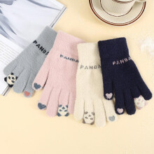 (Beige) Winter Plush Gloves Women Cute Cartoon Panda Touchscreen Warm Knit Gloves for Outdoor Cycling Thickened White