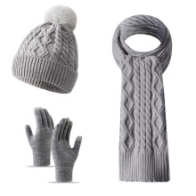 (Black) Women Winter Warm 3 Piece Set Twist Knit Beanie Scarf Gloves Solid Color Ski Christmas Gift