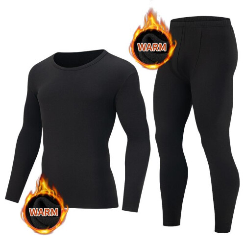 (Black, M) Men's Thermal Underwear Set US Size Black Crew Neck Long Johns Base Layer for Teens