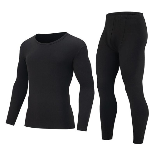 (Black, L) Men's Thermal Underwear Set US Size Black Crew Neck Long Johns Base Layer for Teens 1