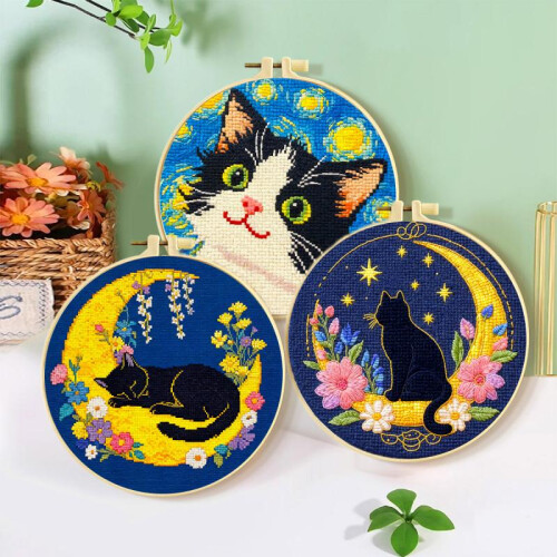 (4) Small Night Cat Cross Stitch Kit for Beginners, Easy DIY Embroidery Set with Patterns 1