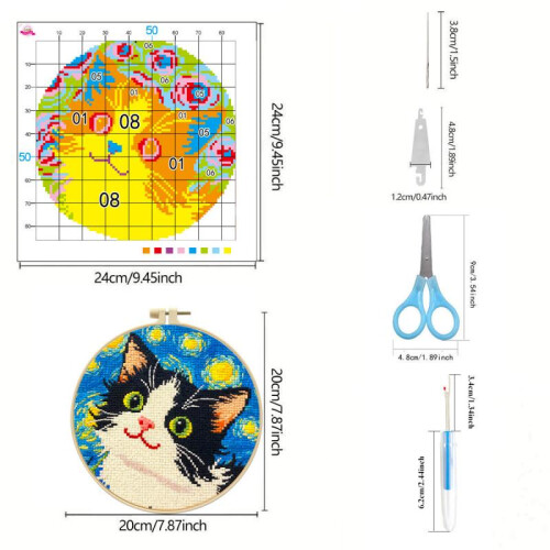 (5) Small Night Cat Cross Stitch Kit for Beginners, Easy DIY Embroidery Set with Patterns 2