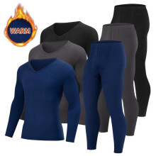 (Navy blue, S) Men's Thermal Underwear Set Winter Solid V-Neck Base Layer Long Johns Soft