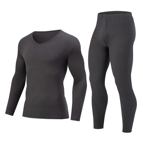 (Black, S) Men's Thermal Underwear Set Winter Solid V-Neck Base Layer Long Johns Soft 2