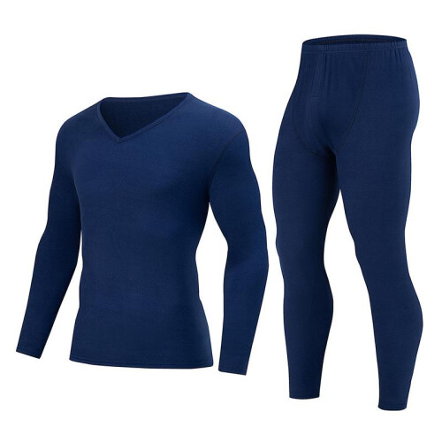 (Black, M) Men's Thermal Underwear Set Winter Solid V-Neck Base Layer Long Johns Soft 1