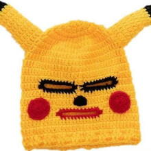 (Black without hemming, One size fits all) Pikachu Hat Funny Novelty Knitted Mask for Cosplay Party Handmade Cute Silly Costume Prop