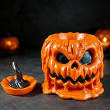 (orange) Halloween Pumpkin Head Storage Holder, Funny Ghost Face Resin Organizer for Makeup Brushes & Pens, Spooky Desk Decor Gift