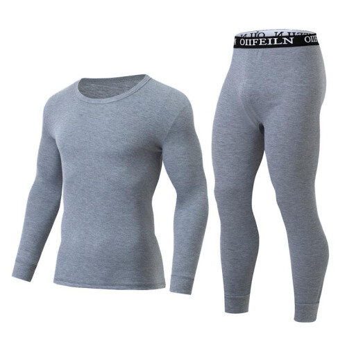 (Light gray, XXL) Men's Thermal Underwear Set Solid Color Long Johns Warm Base Layer with Cuffs 2
