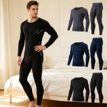 (Black, L) Men's Plus Size Thermal Underwear Set Winter Thick Warm Base Layer Long Johns Multi-Color Casual Loungewear