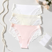 (5pcs, M) Seamless Ice Silk Women's Low Rise Briefs Sexy Lace Patchwork Breathable Underwear