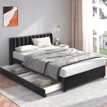 Cama tapizada de terciopelo 140 x 200 cm con somier de lamas, cabecero y 2 cajones — negro (sin colchón)