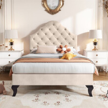 Cama tapizada de terciopelo 90x200 beige con somier de lamas y cabecero ajustable - 1 plaza, madera maciza