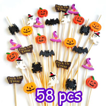 (116pcs) Bambus-Fruchtspieße, Halloween-Hahnschwanz-Picks, Cupcake-Topper, Kürbis, Hexe, Fledermaus, Spinne, Kuchen-Picks