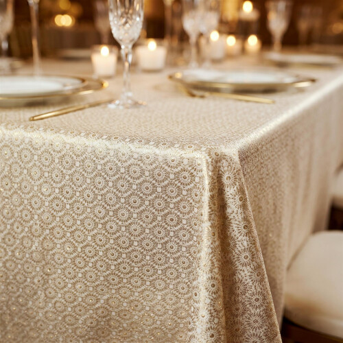 GEEZY (Ecru) GEEZY Rectangle Table Cloths 145x250cm Metallic Pattern Table Cover Dining Parties 1